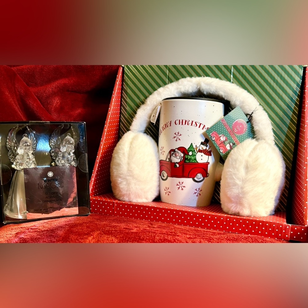 Peppermint & Pine Mug and Ear Muff Set. Winter Majic set of 2 Angel ornaments.